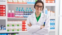 young hispanic woman pharmacist smiling confident standing with arms crossed gesture pharmacy