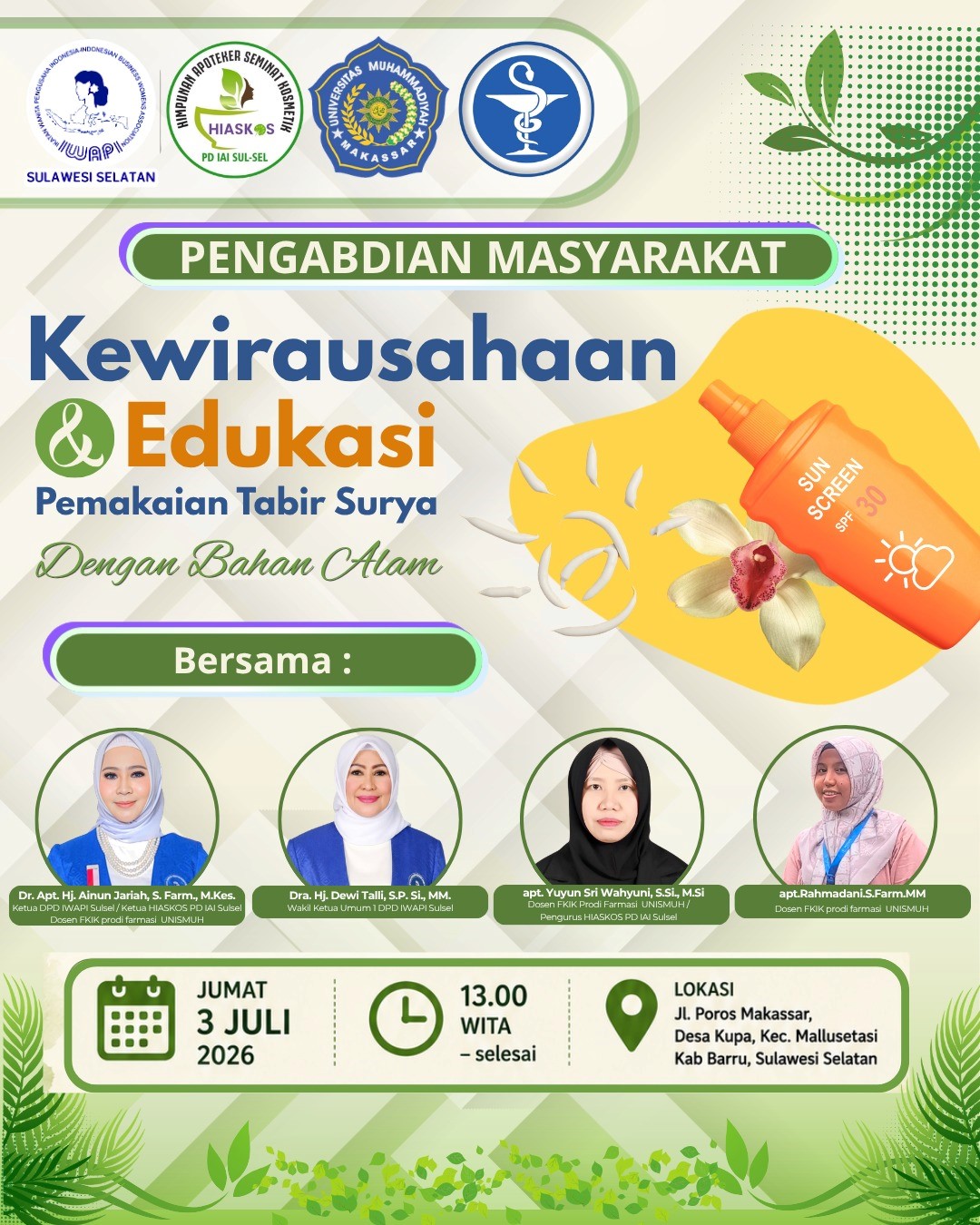 Dorong Kemandirian Ekonomi dan Kesehatan Kulit, Kolaborasi HIASKOS PD IAI Sulsel, IWAPI, dan Unismuh Sukses Gelar Edukasi Tabir Surya Alami di Barru
